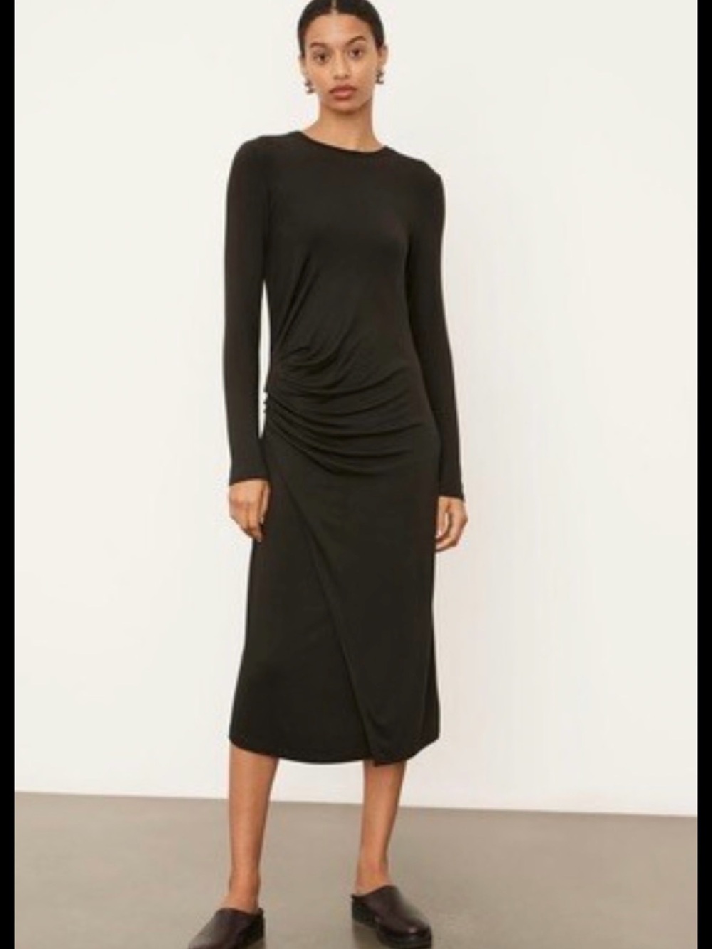 Vince Black Long-Sleeve Midi Dress with Side Draping